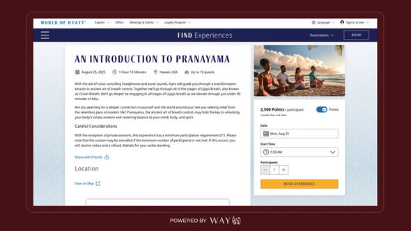 A yoga event listed on Hyatt's Find Experiences well-being program, now bookable in partnership with the experiential platform Way.