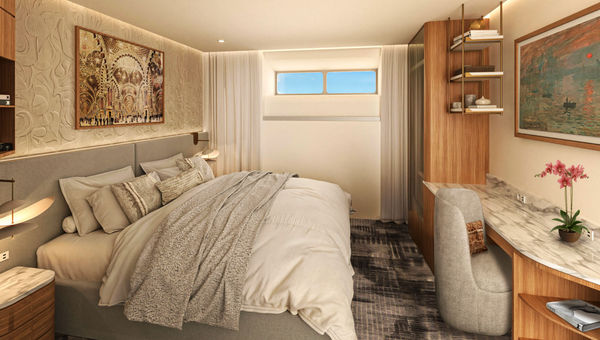 A rendering of a riverview stateroom.