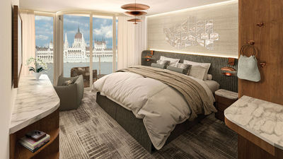 All Celebrity River Cruises accommodations will have king-size beds. Pictured, a rendering of a vista balcony suite.