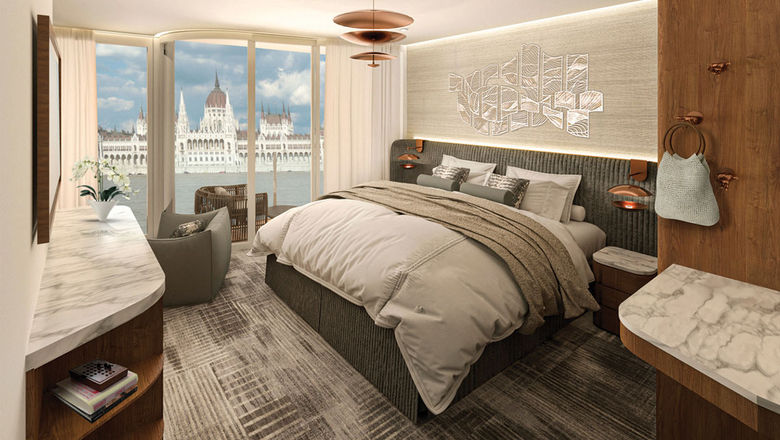 All Celebrity River Cruises accommodations will have king-size beds. Pictured, a rendering of a vista balcony suite.