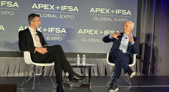 Ben Thompson of the BBC (left) interviewing Breeze Airways CEO David Neeleman at the Airline Passenger Experience Association Global Expo.