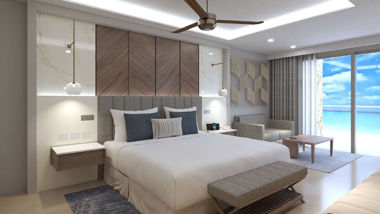 A guest room at the Royalton Riviera Cancun, An Autograph Collection All-Inclusive Resort & Casino, which underwent a multimillion-dollar renovation.