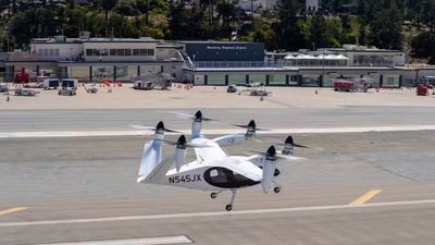 A Joby Aviation electric air taxi doing a flight test at Monterey Regional Airport in California.