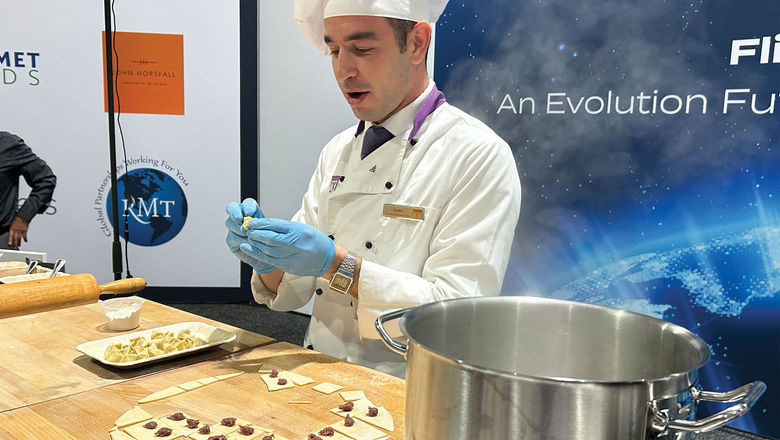Turkish Airlines chef Demir Duzel demonstrates how to prepare manti at the IFSA trade show.