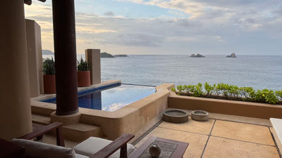 Suites at the Cala de Mar Resort & Spa in Zihuatanejo come with plunge pools and terraces that overlook the Pacific Ocean.