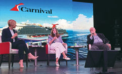 From left, Carnival's chief operations officer Sarah Beth Reno, president Christine Duffy and brand ambassador John Heald on the Carnival Vista in July.