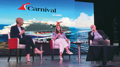 From left, Carnival's chief operations officer Sarah Beth Reno, president Christine Duffy and brand ambassador John Heald on the Carnival Vista in July.