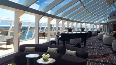A seating space in the Yacht Club section of the MSC World America. The Yacht Club will be introduced on the MSC Poesia in 2026.