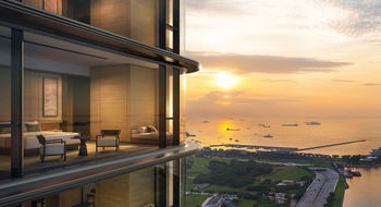 An exterior rendering of the Aman Singapore, which will open as part of The Skywaters, a mixed-use skyscraper currently under development near Singapore’s Central Business District and Marina Bay neighborhoods.