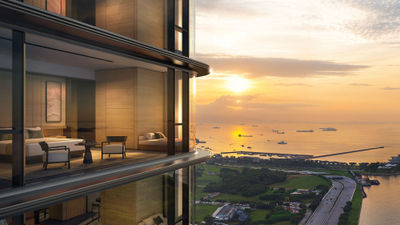An exterior rendering of the Aman Singapore, which will open as part of The Skywaters, a mixed-use skyscraper currently under development near Singapore’s Central Business District and Marina Bay neighborhoods.