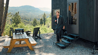 TV personality and outdoorsman Dylan Efron at a Postcard Cabin accommodation, which is now part of the new Outdoor Collection by Marriott Bonvoy.