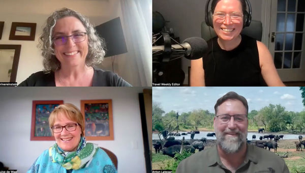 Clockwise from top left: Contributor Dorine Reinstein; Folo host Rebecca Tobin; Anton Letegan of EcoTraining; and Louise De Waal at Blood Lions discuss responsible tourism on African safaris.