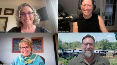 Clockwise from top left: Contributor Dorine Reinstein; Folo host Rebecca Tobin; and Anton Letegan of EcoTraining; and Louise De Waal at Blood Lions talk about the responsibility of guides, tour companies and guests to practice responsible tourism on African safaris.