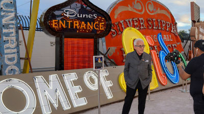 Roger Thomas speaks at a ceremony celebrating the renovation of the Dunes entrance sign at the Neon Museum in Las Vegas.