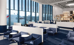 Air France's Chicago O'Hare lounge features shades of blue and luminous whites.