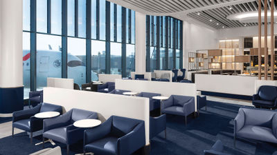 Air France's Chicago O'Hare lounge features shades of blue and luminous whites.