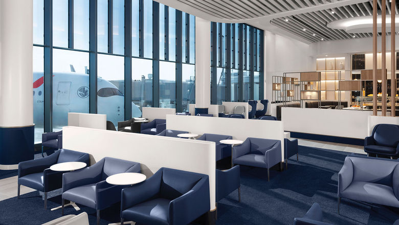 Air France's Chicago O'Hare lounge features shades of blue and luminous whites.
