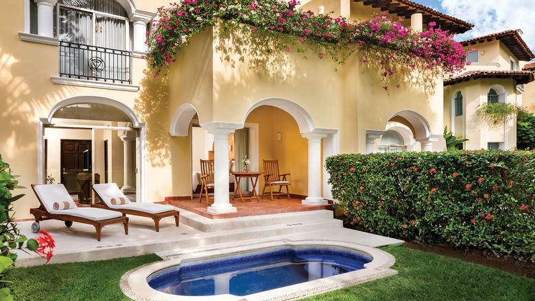 A private plunge pool and furnished terrace are among the features of the Grand Class Suites at Casa Velas.