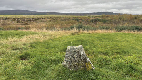A memorial stone honoring a clan at Culloden Battlefield, near Inverness, Scotland.