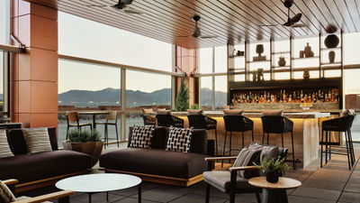 The Centurion Lounge at Salt Lake City Airport features an outdoor terrace with views of the Wasatch Mountains.