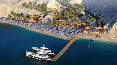 This rendering of the Royal Beach Club Santorini shows guests arriving by tender boat.