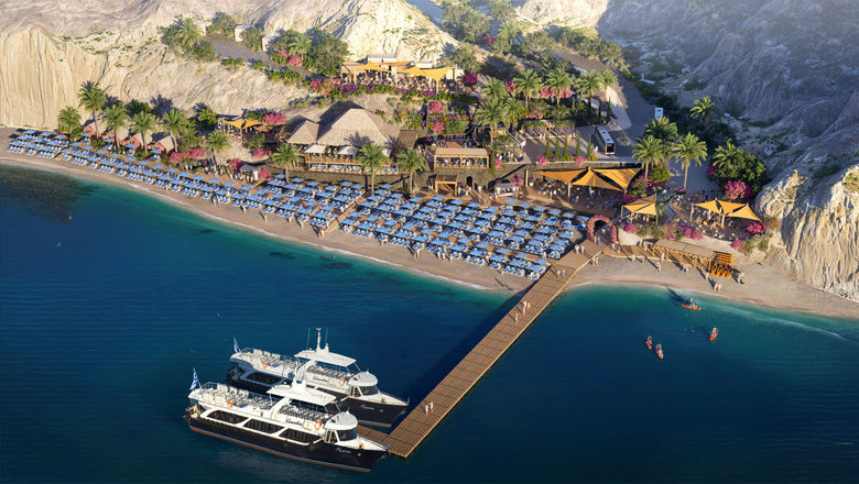 This rendering of the Royal Beach Club Santorini shows guests arriving by tender boat.