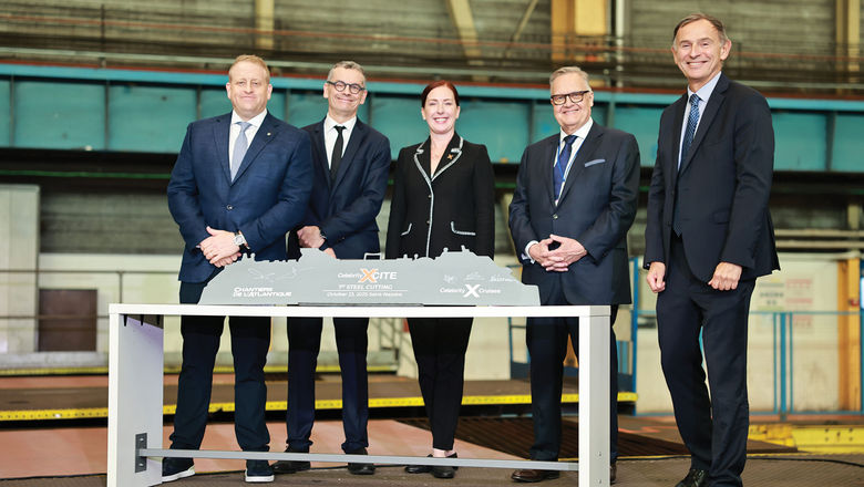 Executives including Royal Caribbean Group CEO Jason Liberty, far left, and Celebrity Cruises President Laura Hodges Bethge, center, at the steel cutting for the Celebrity Xcite.