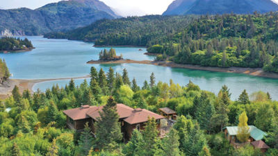 An aerial view of the Stillpoint Lodge on Halibut Cove in the Kenai Peninsula.