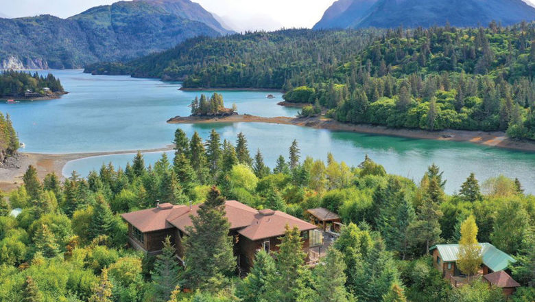 An aerial view of the Stillpoint Lodge on Halibut Cove in the Kenai Peninsula.
