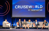 The opening general session, which featured executives from Carnival Corp. brands. Seated, from left: Weissmann; Justin French of Carnival Cruise Line; Priscilla Reyes of Costa Cruises; Liz Fettes of Cunard Line; Rob Coleman of Holland America Line and Seabourn; and Carmen Roig of Princess.