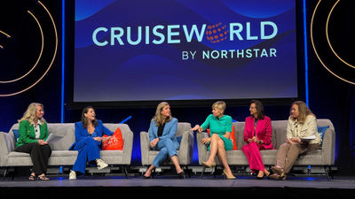 The CruiseWorld Leadership Panel, from left: Moderator Barbra Taylor, Travel Insured International: Janet Bava, Windstar; Pam Hoffee, Avalon Waterways; Sarah Beth Reno, Carnival Cruise Line; Dondra Ritzenthaler, Azamara Cruises; and moderator Mary Pat Sullivan, Northstar Travel Group.