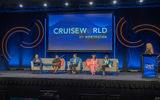 CruiseWorld's "Defining New Luxury" panel, from left: Moderator Ruthanne Terrero, Northstar Travel Group; Manny Celdran, Scenic Luxury Cruises & Tours and Emerald Cruises & Tours; Shanel Knight, Regent Seven Seas Cruises; Joe Jiffo, Windstar Cruises; Raquel Reyes, Dominican Republic Tourism Board; Kris Endreson, Aurora Expeditions; and moderator Angela Hughes, Trips & Shops Luxury Travel.