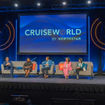 CruiseWorld's "Defining New Luxury" panel, from left:  Moderator Ruthanne Terrero, Northstar Travel Group; Manny Celdran, Scenic Luxury Cruises & Tours and Emerald Cruises & Tours; Shanel Knight, Regent Seven Seas Cruises; Joe Jiffo, Windstar Cruises; Raquel Reyes, Dominican Republic Tourism Board; Kris Endreson, Aurora Expeditions; and moderator Angela Hughes, Trips & Shops Luxury Travel.