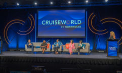 CruiseWorld's "Defining New Luxury" panel, from left:  Moderator Ruthanne Terrero, Northstar Travel Group; Manny Celdran, Scenic Luxury Cruises & Tours and Emerald Cruises & Tours; Shanel Knight, Regent Seven Seas Cruises; Joe Jiffo, Windstar Cruises; Raquel Reyes, Dominican Republic Tourism Board; Kris Endreson, Aurora Expeditions; and moderator Angela Hughes, Trips & Shops Luxury Travel.