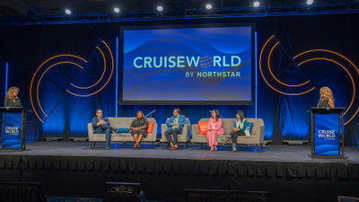 CruiseWorld's "Defining New Luxury" panel, from left:  Moderator Ruthanne Terrero, Northstar Travel Group; Manny Celdran, Scenic Luxury Cruises & Tours and Emerald Cruises & Tours; Shanel Knight, Regent Seven Seas Cruises; Joe Jiffo, Windstar Cruises; Raquel Reyes, Dominican Republic Tourism Board; Kris Endreson, Aurora Expeditions; and moderator Angela Hughes, Trips & Shops Luxury Travel.