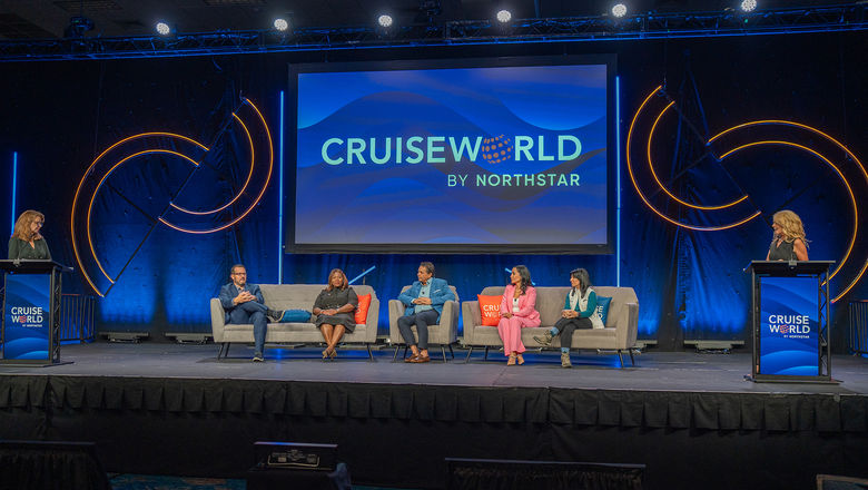 CruiseWorld's "Defining New Luxury" panel, from left:  Moderator Ruthanne Terrero, Northstar Travel Group; Manny Celdran, Scenic Luxury Cruises & Tours and Emerald Cruises & Tours; Shanel Knight, Regent Seven Seas Cruises; Joe Jiffo, Windstar Cruises; Raquel Reyes, Dominican Republic Tourism Board; Kris Endreson, Aurora Expeditions; and moderator Angela Hughes, Trips & Shops Luxury Travel.