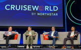 A CruiseWorld conversation (from left): Jason Montague, Norwegian Cruise Line Holdings; Arnie Weissmann, Travel Weekly; Nathan Hickman, Oceania; and Wes D'Silva, Regent Seven Seas Cruises.