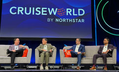 A CruiseWorld conversation (from left): Jason Montague, Norwegian Cruise Line Holdings; Arnie Weissmann, Travel Weekly; Nathan Hickman, Oceania; and Wes D'Silva, Regent Seven Seas Cruises.