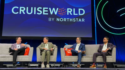 A CruiseWorld conversation (from left): Jason Montague, Norwegian Cruise Line Holdings; Arnie Weissmann, Travel Weekly; Nathan Hickman, Oceania; and Wes D'Silva, Regent Seven Seas Cruises.