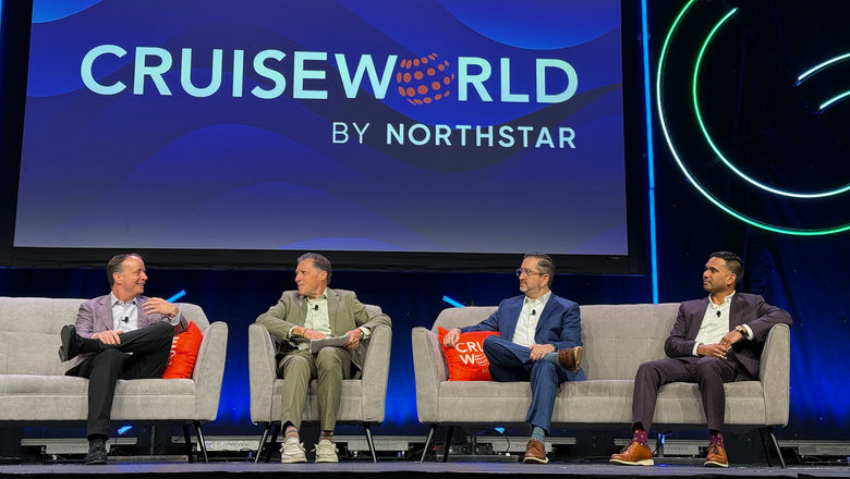 A CruiseWorld conversation (from left): Jason Montague, Norwegian Cruise Line Holdings; Arnie Weissmann, Travel Weekly; Nathan Hickman, Oceania; and Wes D'Silva, Regent Seven Seas Cruises.