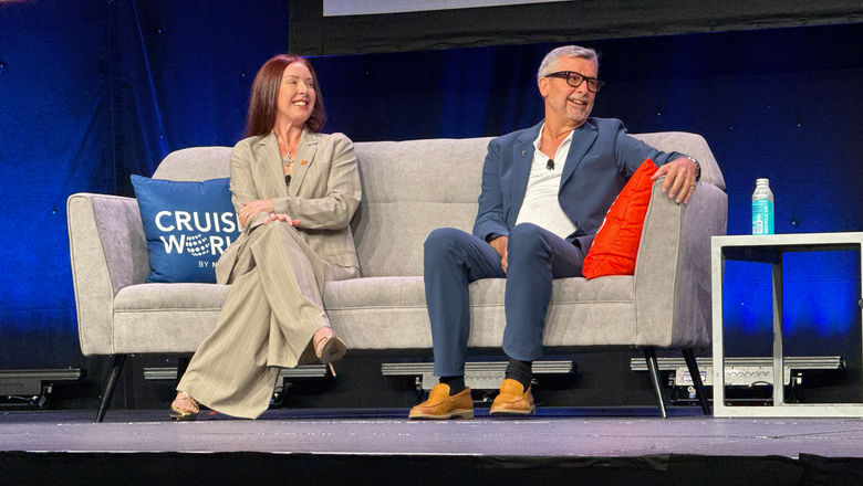 Celebrity Cruises president Laura Hodges Bethge and Royal Caribbean International CEO Michael Bayley at CruiseWorld.