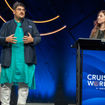 Arjun Sinsinwar, left, the chief inspiration officer ar Antara, speaks during a panel discussion on river cruising at CruiseWorld in Fort Lauderdale on Thursday. Travel Weekly river cruise editor Brinley Hineman, at right, served as a co-moderator.