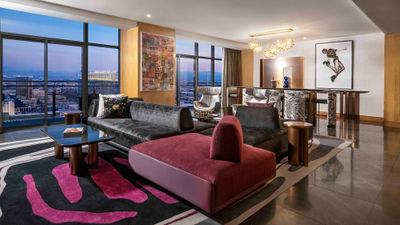 The living room of a remodeled suite on the top floor of the Chelsea Tower at the Cosmopolitan of Las Vegas.
