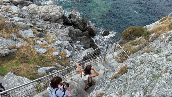The climb down the narrow stairway from the church featured in the hit 2008 movie.