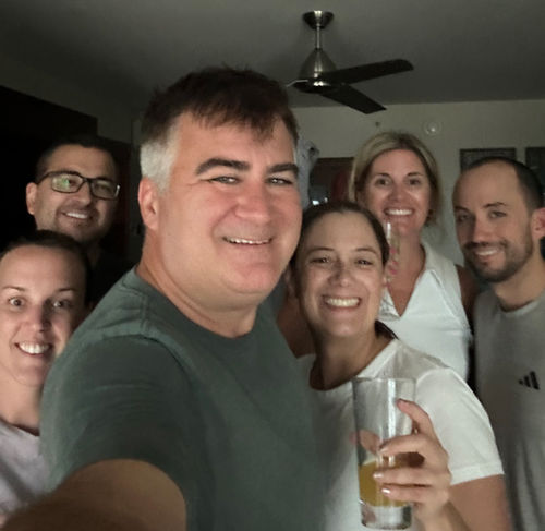 Travel advisor Amanda Tessoff’s entire travel party hunkered down at the Sandals South Coast the night after the hurricane passed: From left, Stephanie and Cristian Ruiz of Clifton Park, N.Y.; Mark Tarantelli and Virginia Muniz from Albany, N.Y.; and Tessoff and her fiance Jorge Muniz from Highland, Mich.