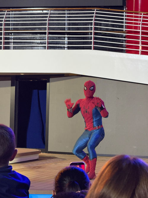 Spider-Man at the Disney Destiny’s sail away party. Spider-Man at the Disney Destiny’s sail away party.