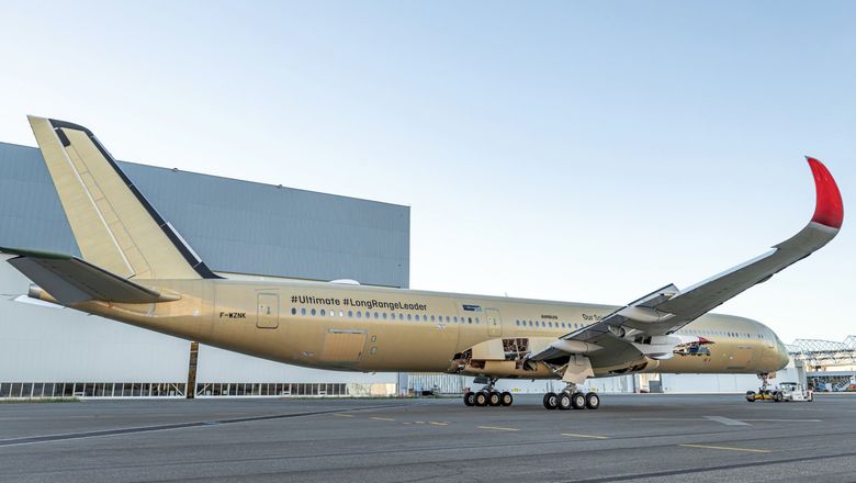 The first A350-1000ULR, displayed outside Airbus' manufacturing facility in Toulouse, France.