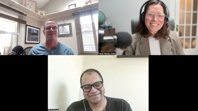 Clockwise from top left: Travel Weekly aviation editor Robert Silk; Folo host Rebecca Tobin; and Vik Krishnan of McKinsey & Co. talk about rapid developments in Agentic AI.