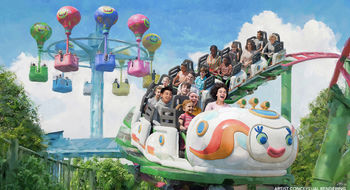 A rendering of the Rhonda’s TrollsFest Express roller coaster in the DreamWorks TrollsFest area of the Universal Kids Resort.