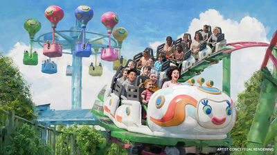 A rendering of the Rhonda’s TrollsFest Express roller coaster in the DreamWorks TrollsFest area of the Universal Kids Resort.